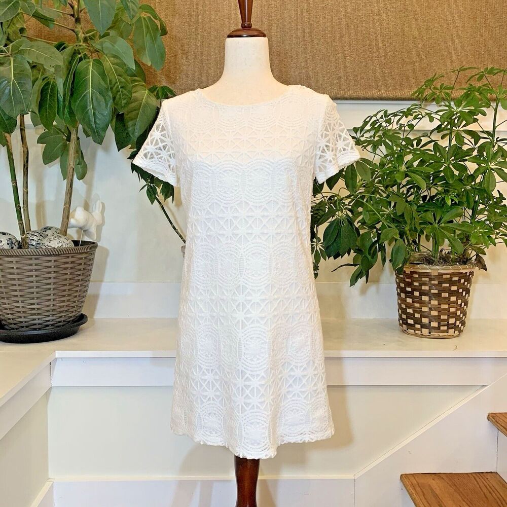Lulus‎ White Dress Size Small Lace Sheath Floral Crochet Midi Short Sleeve